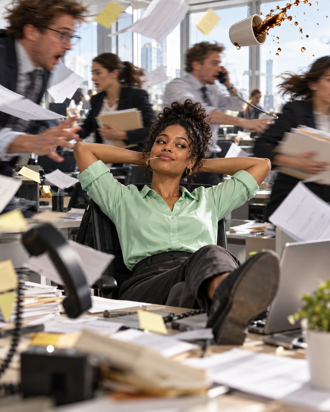 A woman leaning back relaxed at her desk, toothpick in mouth, while the office rushes around her